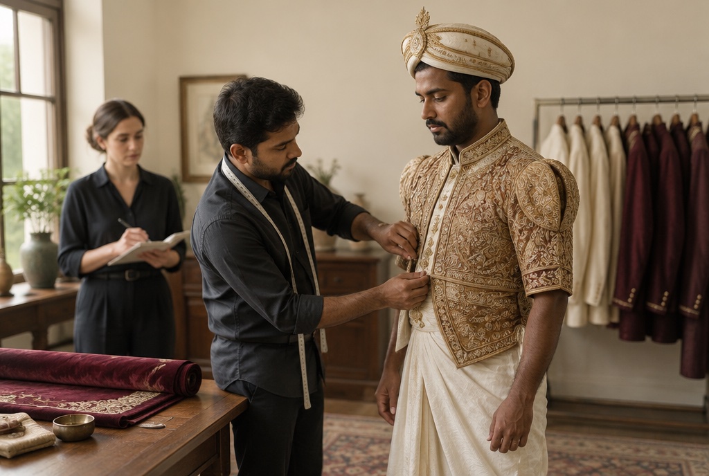 Dressing team adjusting a groom's Udarata Nilame jacket during a fitting at the Studio Name studio in Kandy