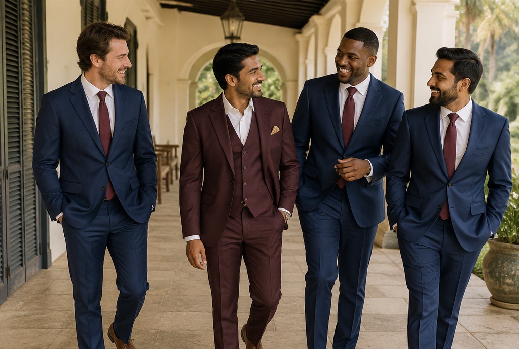 Groom in a burgundy three piece suit with groomsmen in navy wedding suits on a Sri Lankan villa veranda, dressed by Studio Name