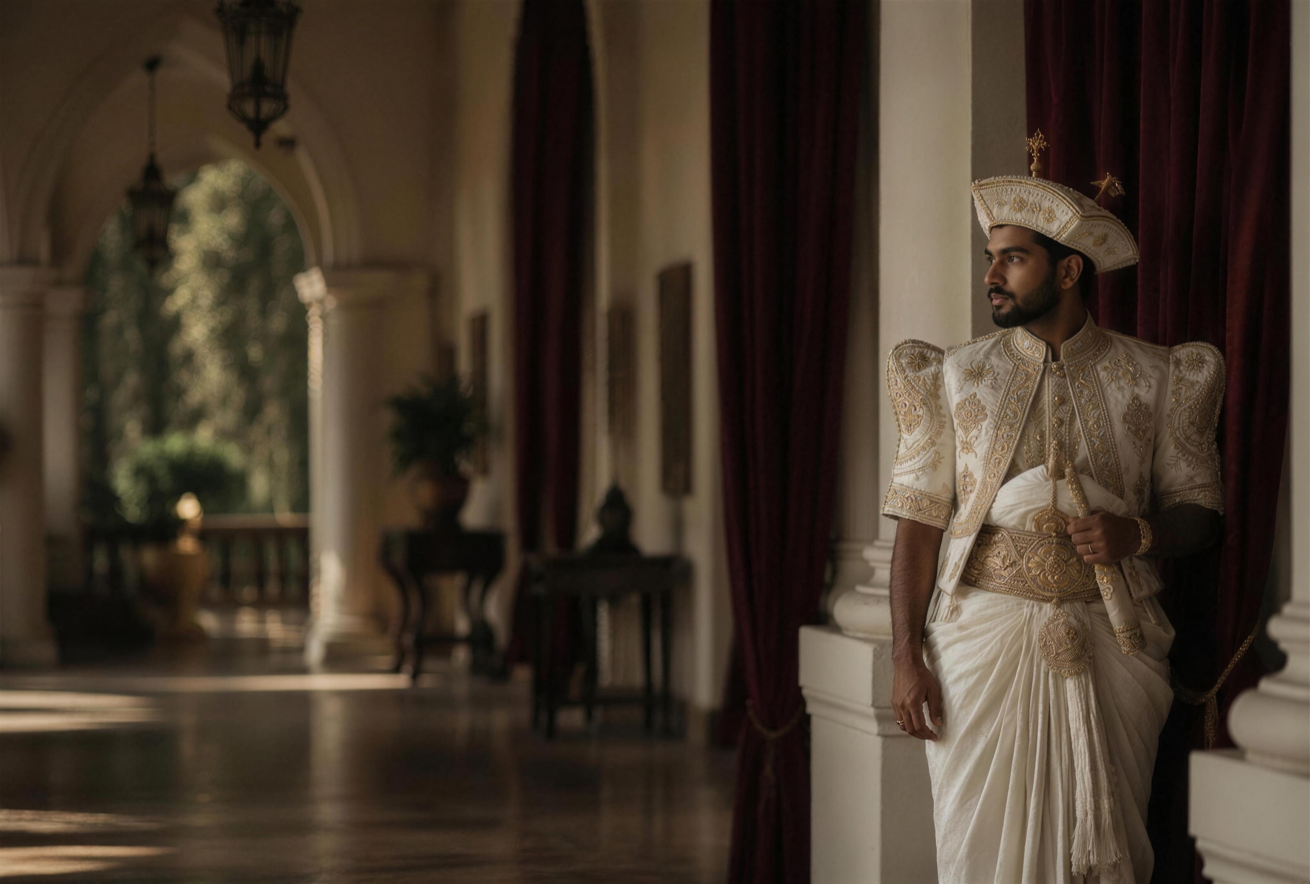 Sri Lankan groom in traditional Udarata Nilame wedding attire with gold embroidery at Studio Name in Kandy